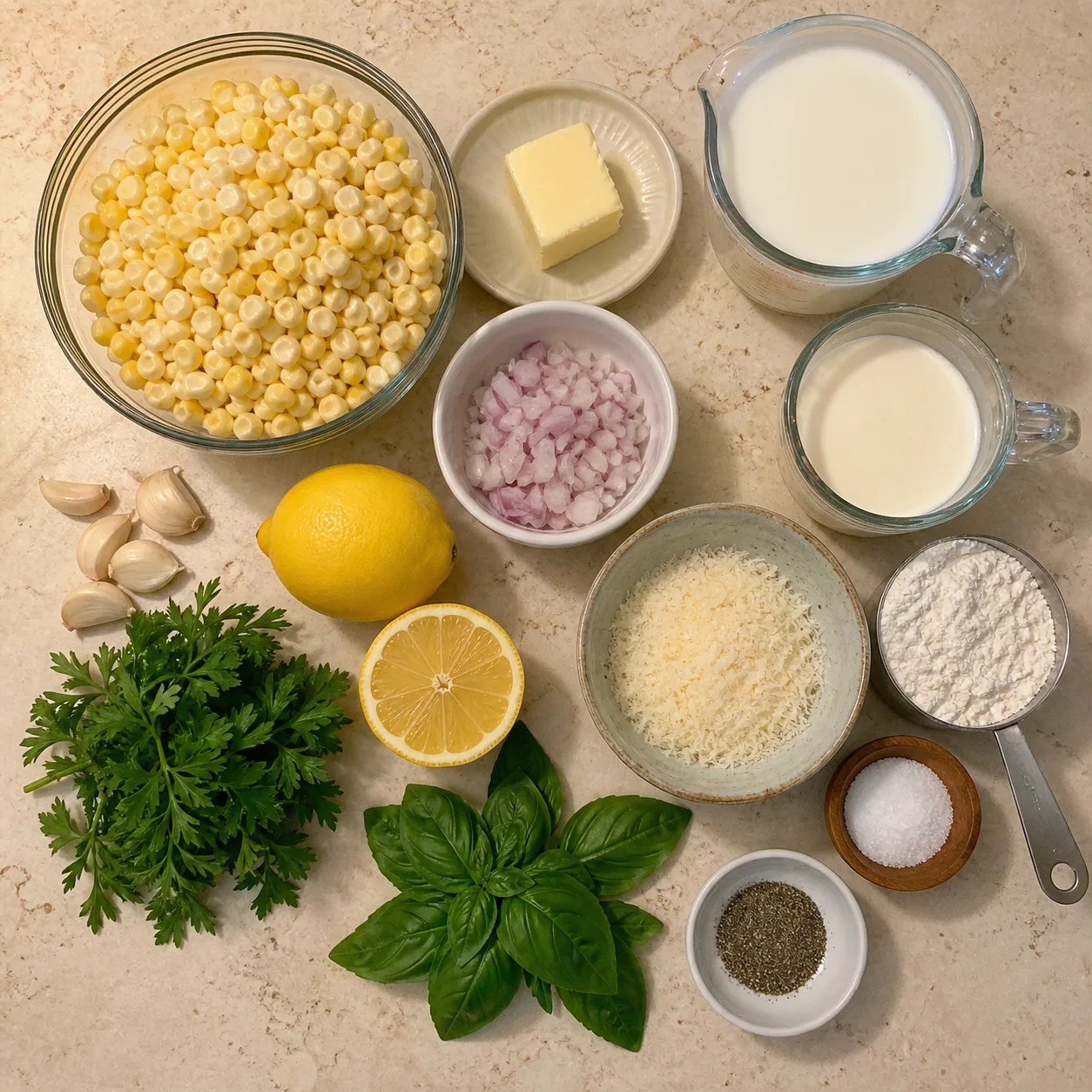 Ingredients for Last-Minute Stovetop Creamed Corn with Lemon and Herbs