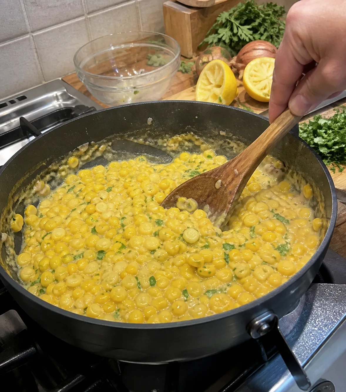 Cooking process for Last-Minute Stovetop Creamed Corn with Lemon and Herbs